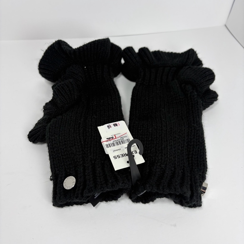 Express Black Ribbed Fingerless Gloves Ruffle Detail NWT